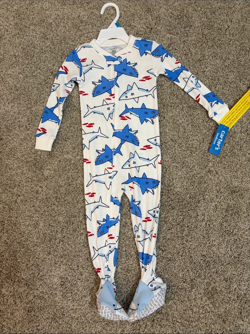 Carter's White Footed One-Piece Pajamas with Blue and Red Shark Print